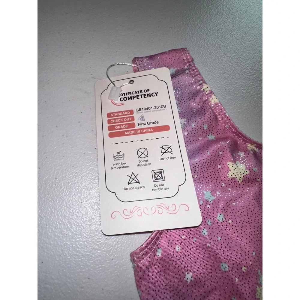 Girls Pink Metallic Star Gymnastics Leotard Shimmer Dance Bodysuit Size 120 NWT